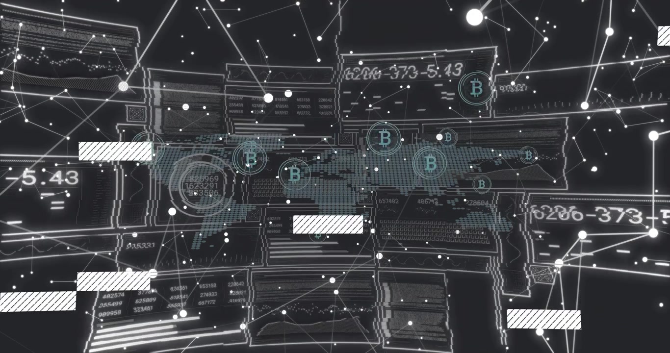 World map receiving data, pulsing B nodes, rippling and updating readouts, visualizing tech network