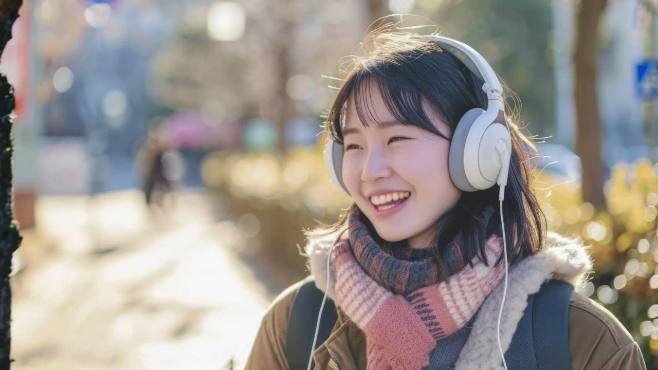 A young woman enjoys music with headphones, smiling outdoors