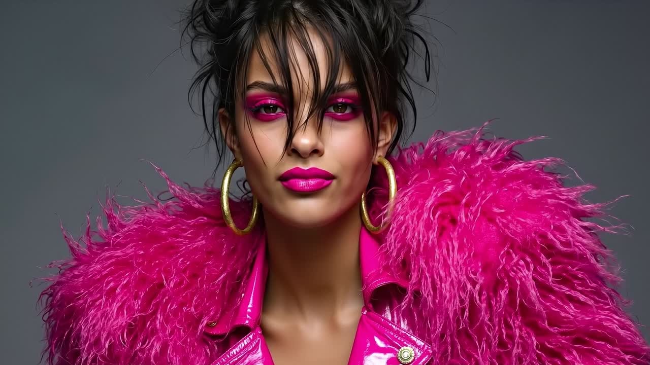 A woman in a pink jacket with a pink feather jacket and gold hoop earrings