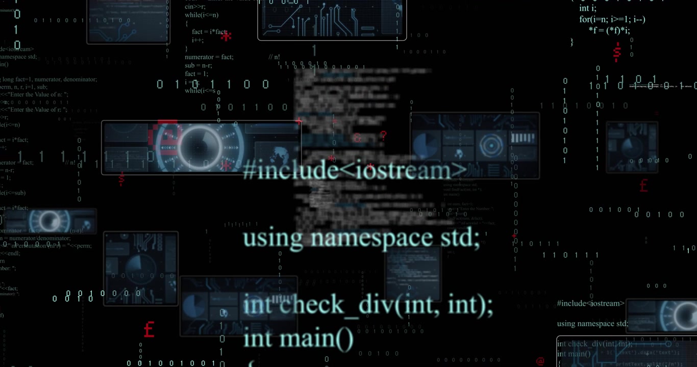On black canvas, interface fading in, panels showing binaries and code scrolling showing dynamics