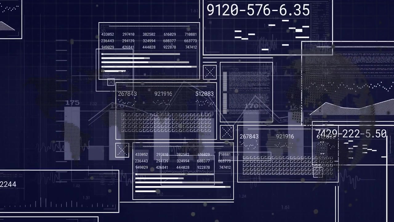 Overlapping data panels showing numeric overlays and charts over grid background in flat design
