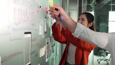 el equipo de negocios hace una lluvia de ideas mientras pone notas adhesivas en la pared de vidrio. manipulador.
