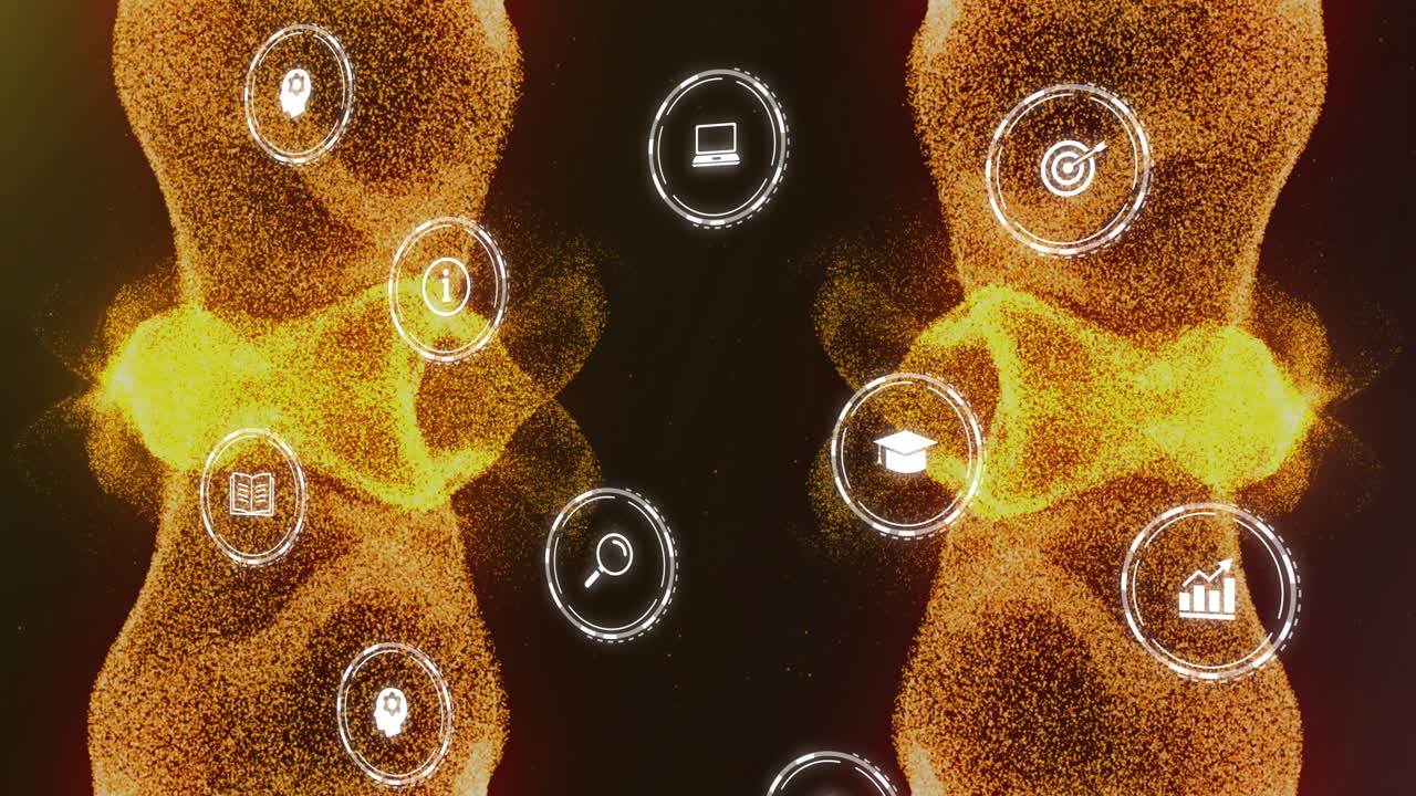 검은 바탕에 오렌지색 네트워크 파동을 통해 데이터 및 미디어 아이콘을 처리하는 애니메이션