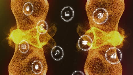 animación de datos y iconos de medios de procesamiento sobre ondas de red naranja sobre fondo negro