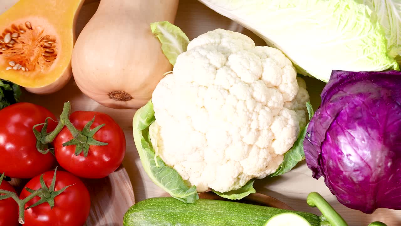 화려한 조명과 생생한 색으로 유기농 제품을 선보이는 끔하게 배열된 신선한 채소의 활기찬 품종