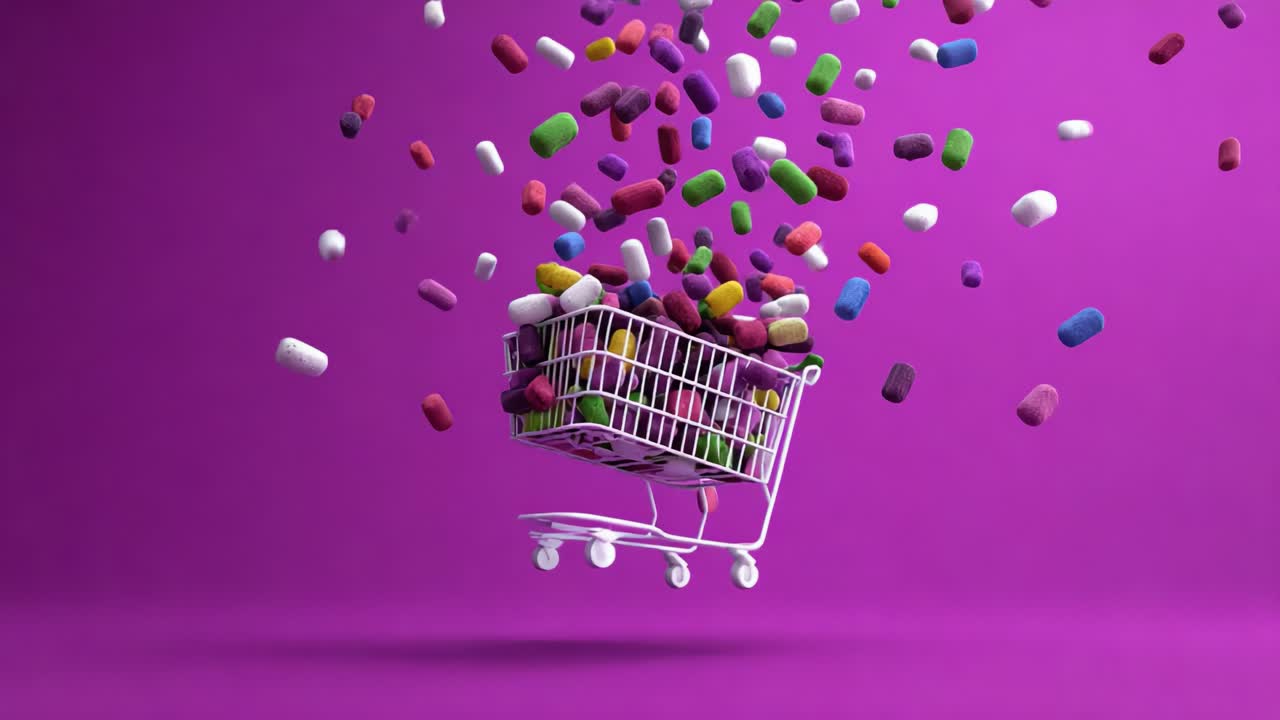 Vibrant explosion of colorful capsules and tablets cascading from a shopping cart against a bright purple backdrop, symbolizing an abundance of health and nutrition options