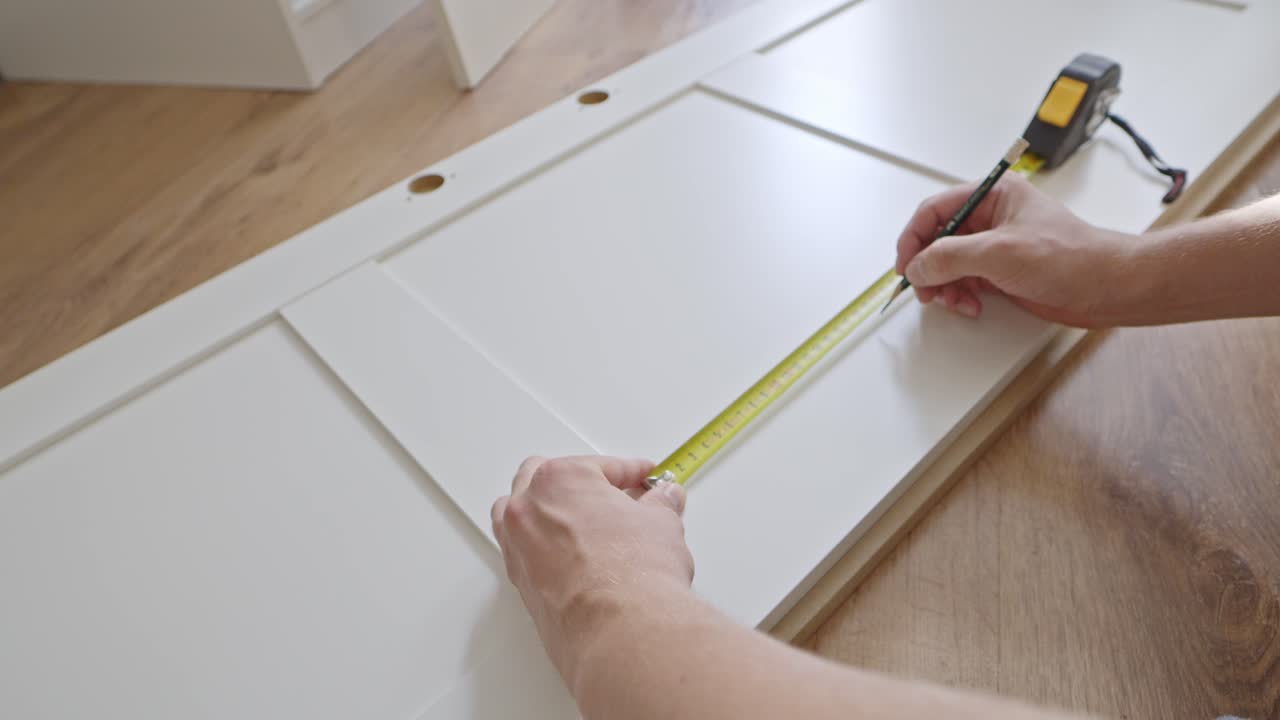 나무 문 에 올바른 선 을 표시 하는 목수 의 손, 가까운 모습