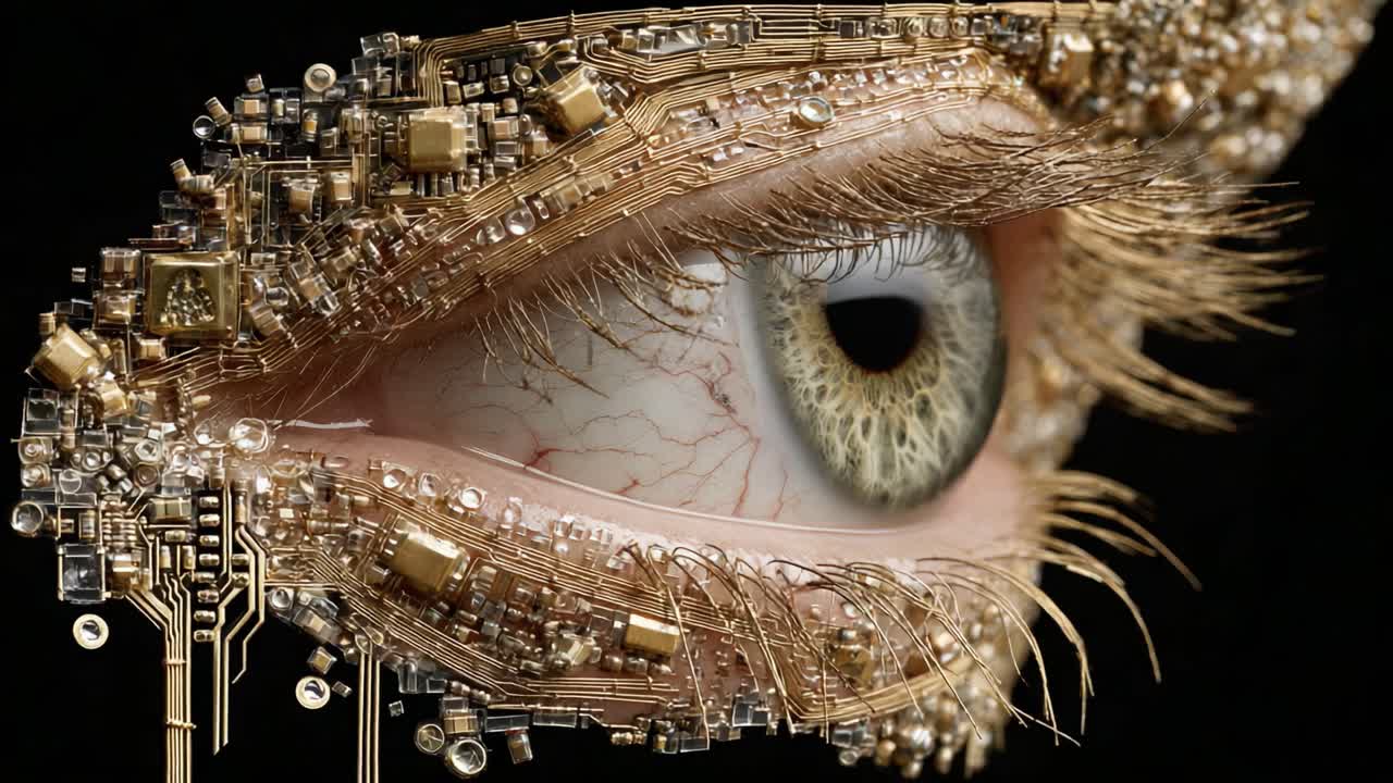 Un ojo futurista con intrincada tecnología y circuitos integrados, que combina rasgos humanos con elementos mecánicos avanzados para una fusión visual impresionante