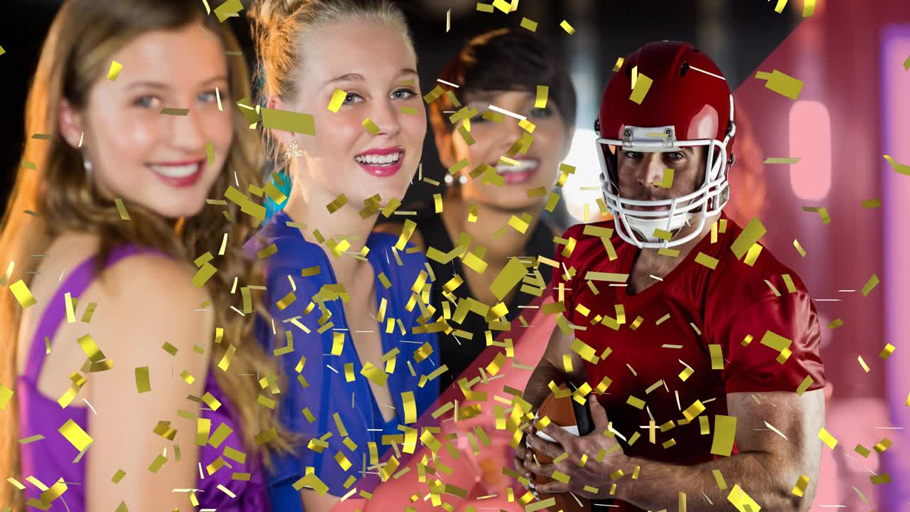 animación de confeti cayendo un jugador de fútbol americano sobre una mujer