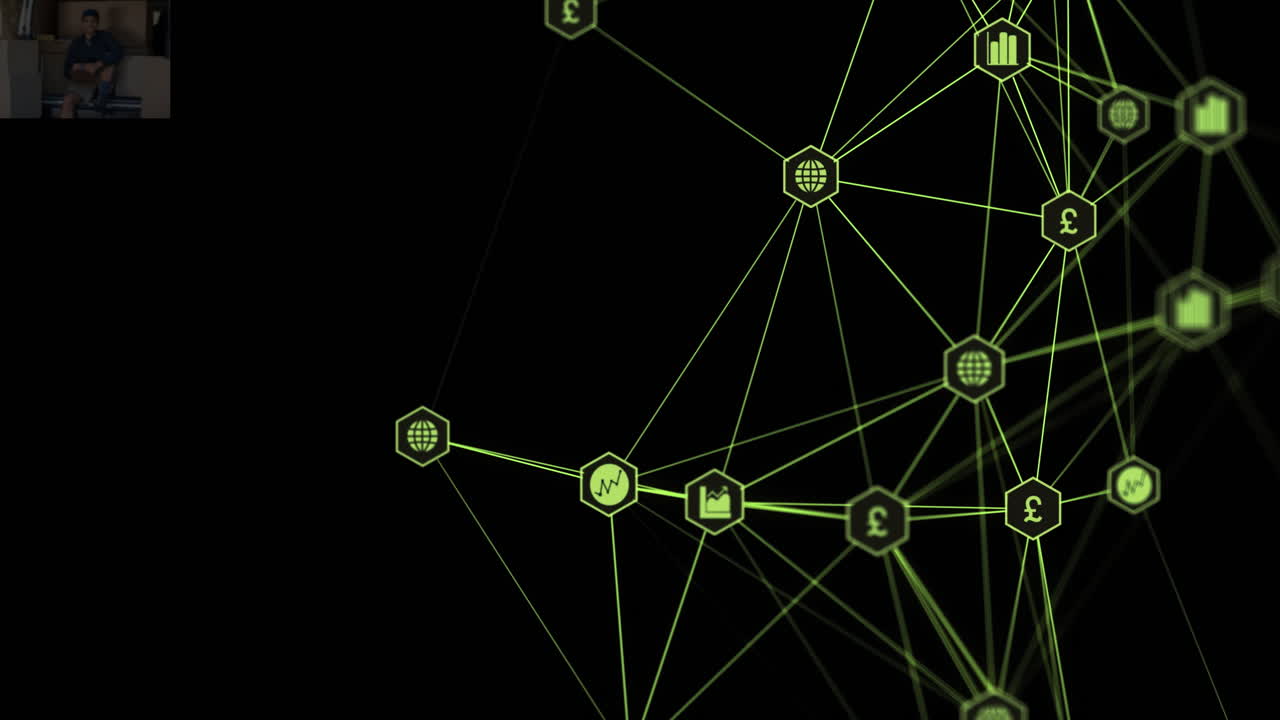 animación de la red de conexiones con iconos en fondo negro