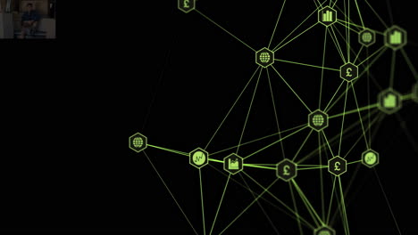 animación de la red de conexiones con iconos en fondo negro