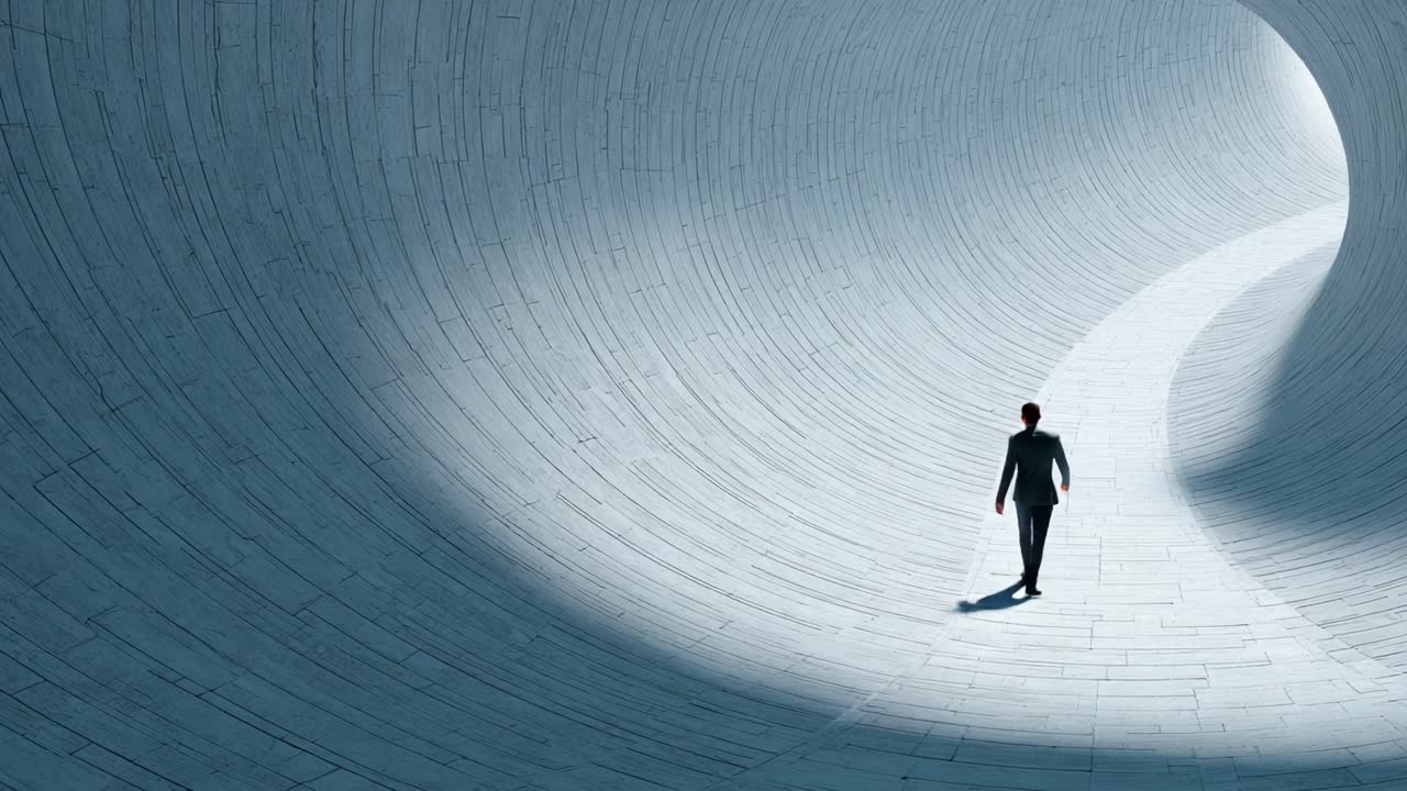 A solitary figure navigates a surreal, cyclical tunnel, evoking feelings of introspection and exploration in a tranquil, minimalist landscape of curves and shadows