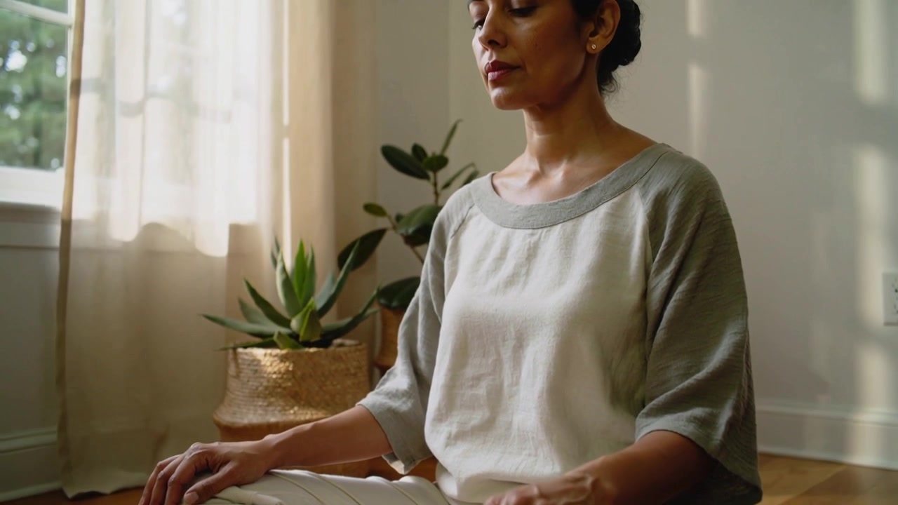 Telecamera che si allontana mostrando una donna che si prepara alla meditazione a casa su un tappeto, con un top ampio, e una pianta grassa.
