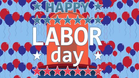 Animation-of-happy-labour-day-text-and-siren-light-over-red,-white-and-blue-stars-and-balloons