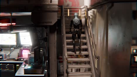 alien robot ascending futuristic stairs