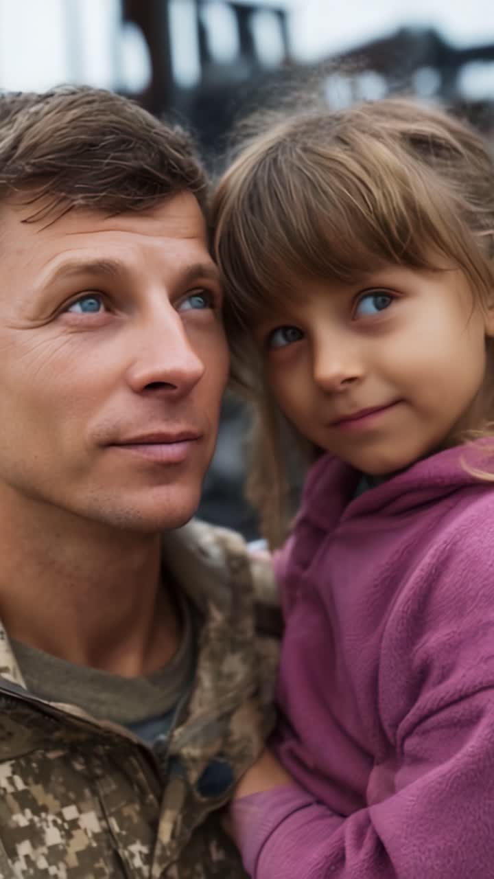 Un momento toccante tra un soldato e una bambina, che cattura calore, affetto e connessione nei loro sguardi, sullo sfondo difficile dell'incertezza