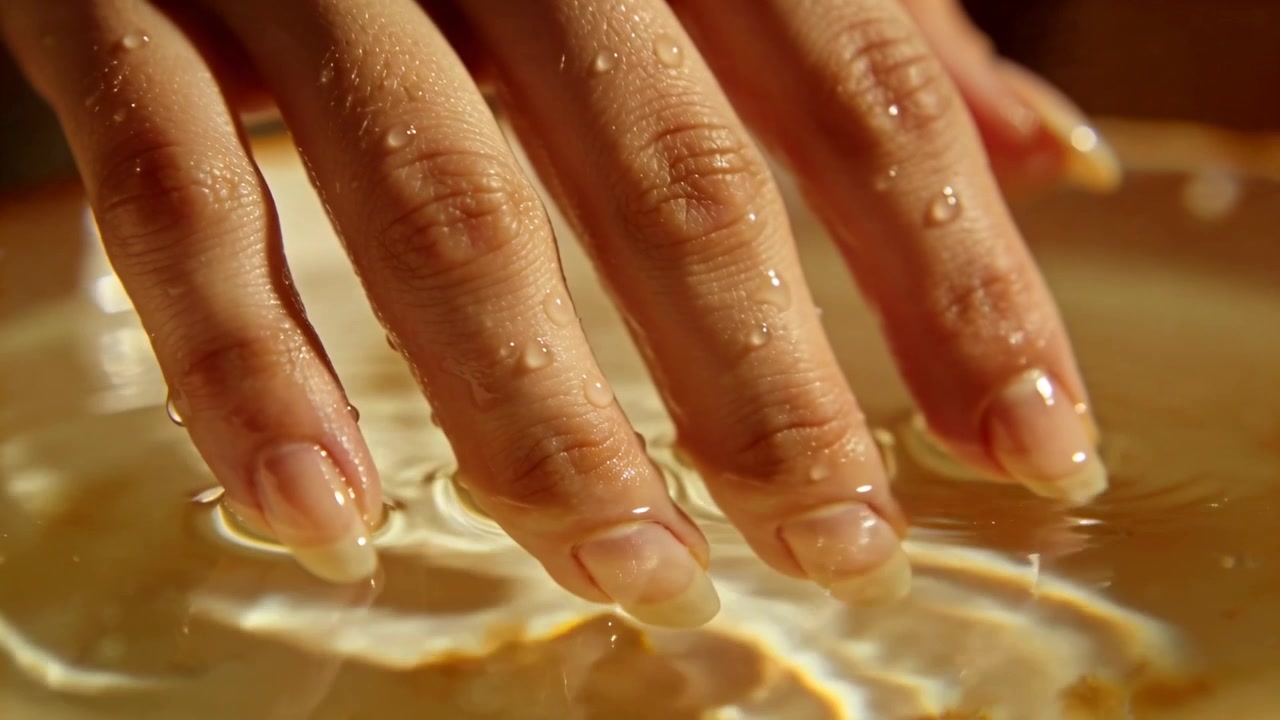 Dita della mano destra che sfiorano, toccano un liquido dorato in una ciotola bassa in studio, creando increspature
