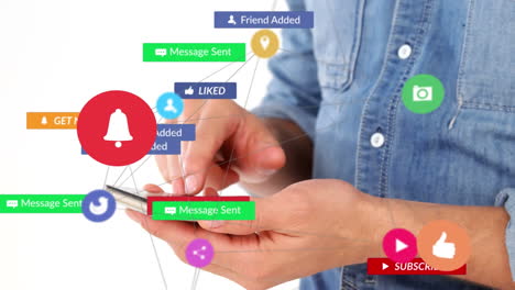 animación del texto de las redes sociales en pancartas con iconos digitales sobre un hombre que usa un teléfono inteligente