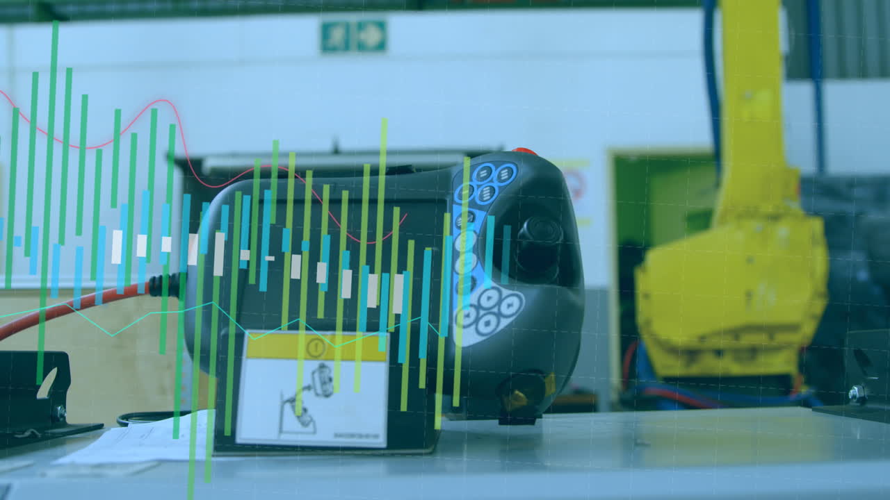 animación del procesamiento de estadísticas sobre robots y máquinas en el fondo del almacén