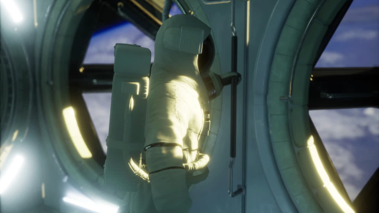 Astronaut exploring spacecraft interior near earth orbit during mission