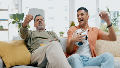 watching tv, football, father and son on sofa