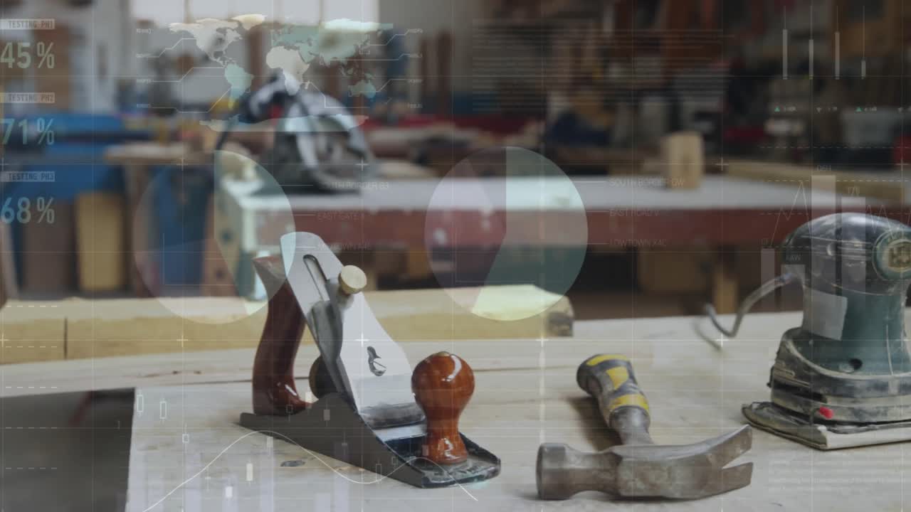 작업실에서 목공 도구에 대한 데이터 처리의 애니메이션