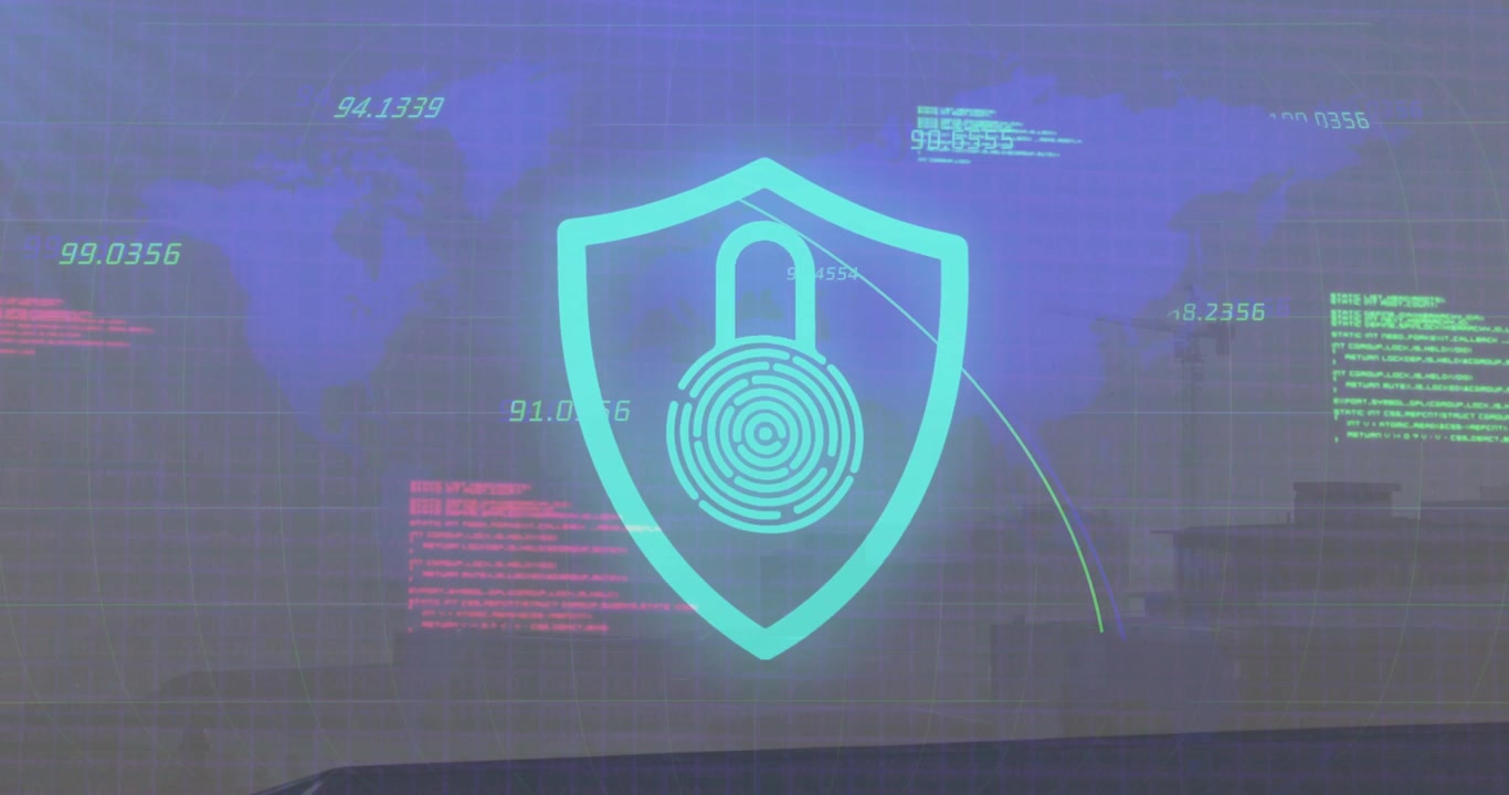 Projecting shield padlock while linking lines updating code blocks pulsing rings scanning networks