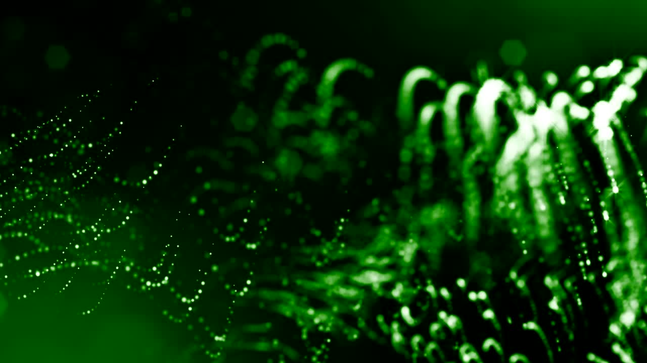 3d render loop animation of glow particles form oscillating lines as swinging garland as holyday background or abstract background of particles with depth of field and bokeh like vj loop. Green 8