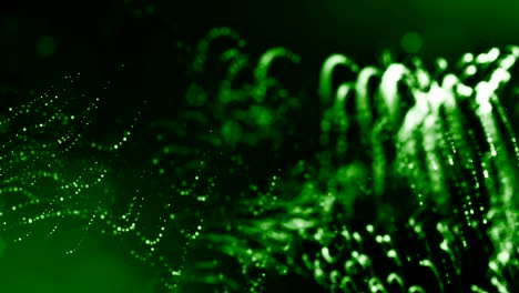 la animación de bucle de renderizado 3d de las partículas de brillo forma líneas oscilantes como guirnalda oscilante como fondo festivo o fondo abstracto de partículas con profundidad de campo y bokeh como bucle vj. verde 8