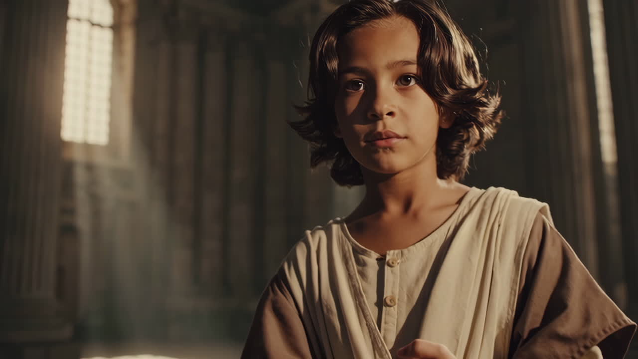 A young boy and a religious gathering in an ancient temple
