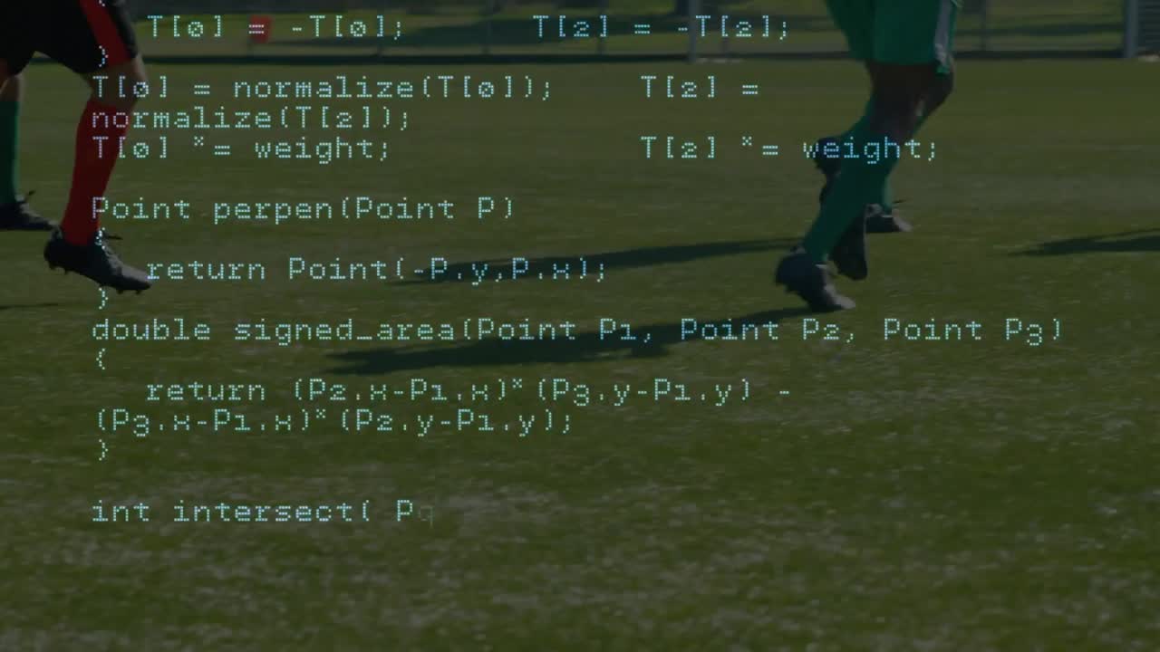 Data processing against low section of team of male soccer players playing football on sports field