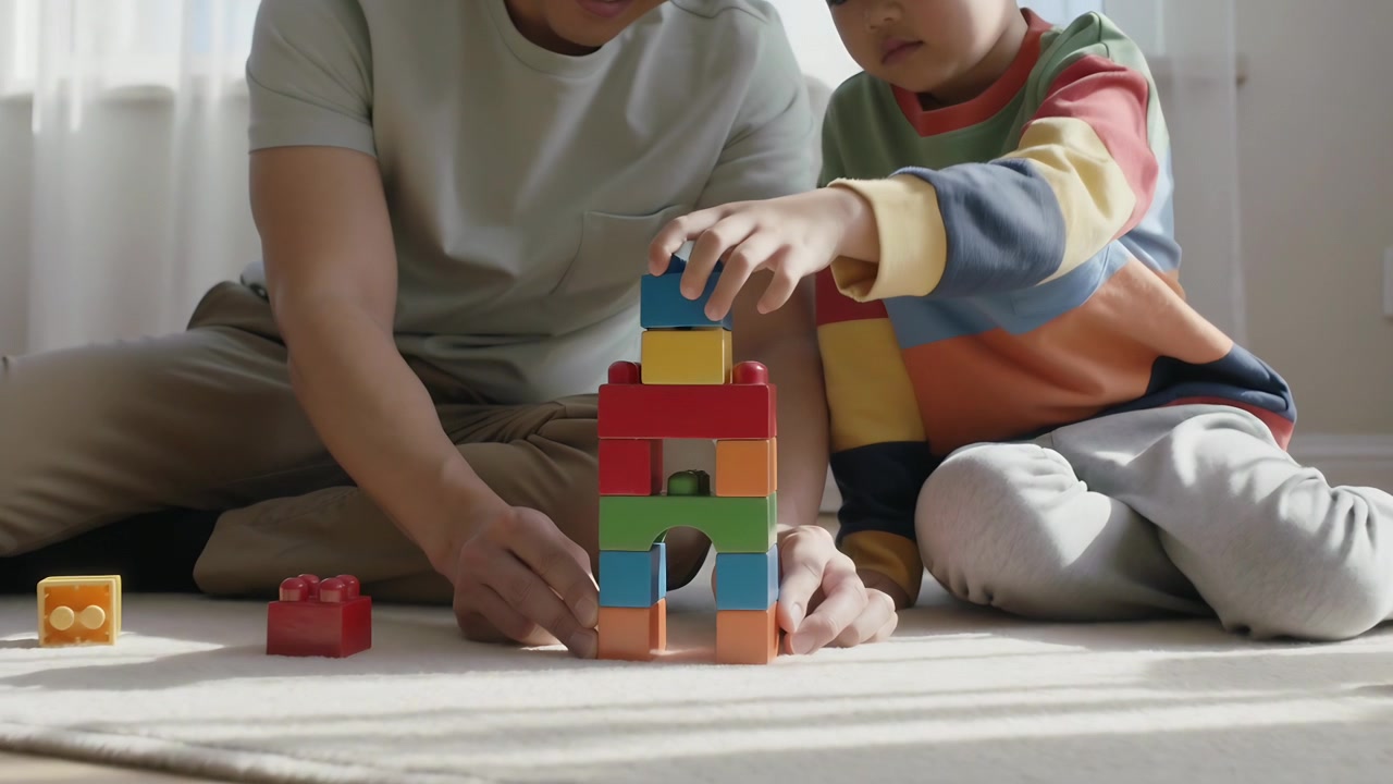Starting with blocks, building father and son stacking blocks on rug, guiding child to finish tower