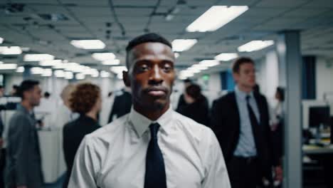 confident young manager walking through a busy open plan office with his colleagues working in the background, representing leadership and determination in a corporate environment