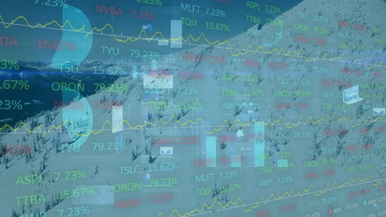 Translucent stock market graphics floating over snowy mountain slope, showing flat design charts