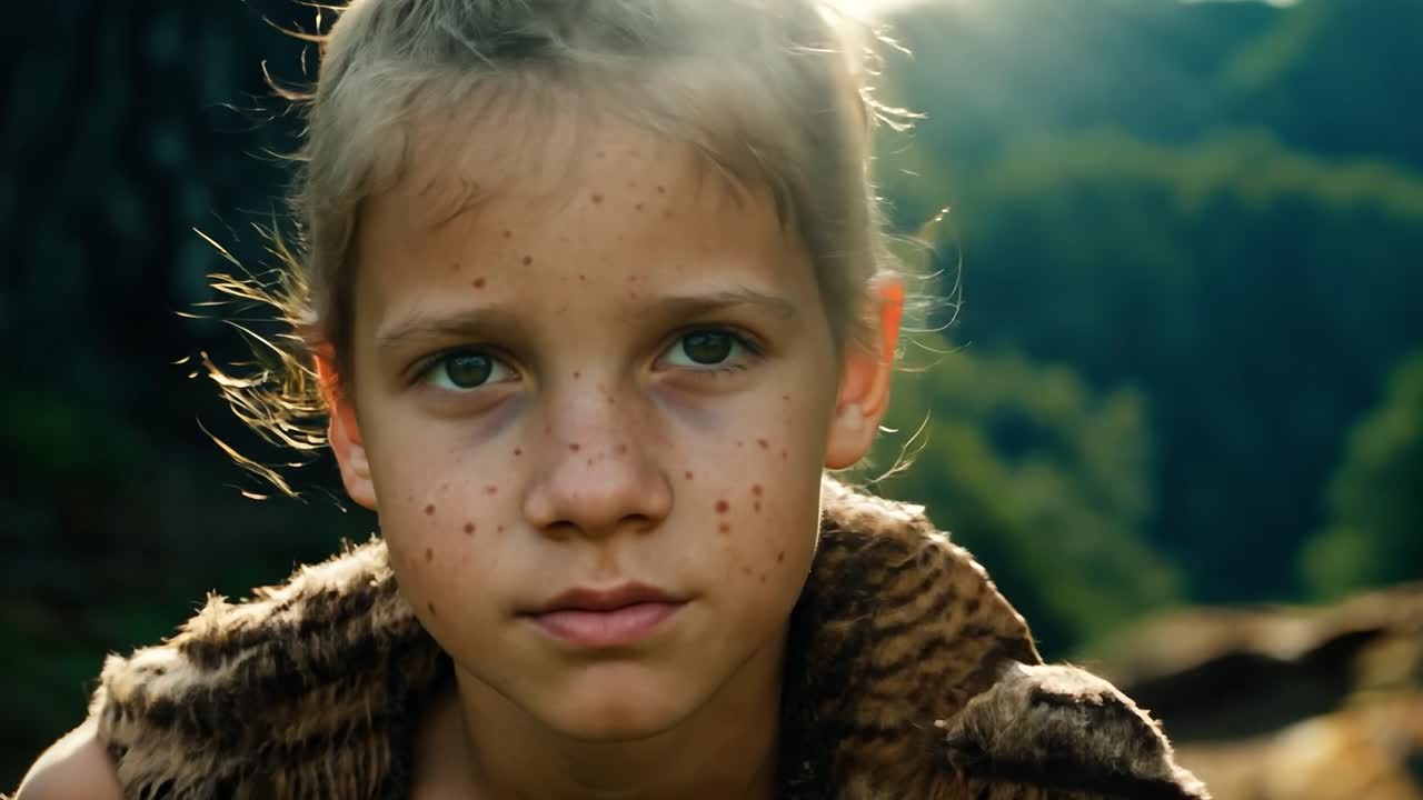 털 코트를 입은 어린 소년이 숲에 서서 카메라를 쳐다보고 있다.