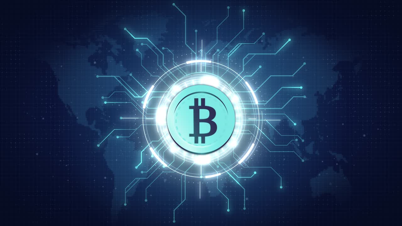 animación de bitcoin circuito electrónico criptomoneda tecnología blockchain. moneda digital bitcoin, moneda de oro. red digital del ciberespacio, realidad virtual. hud, fui, diseño ui. fondo futurista