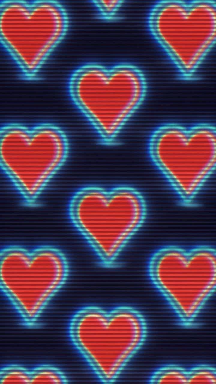 Retro video style with a top-down angle, featuring glowing red hearts and blue neon lines on a dark