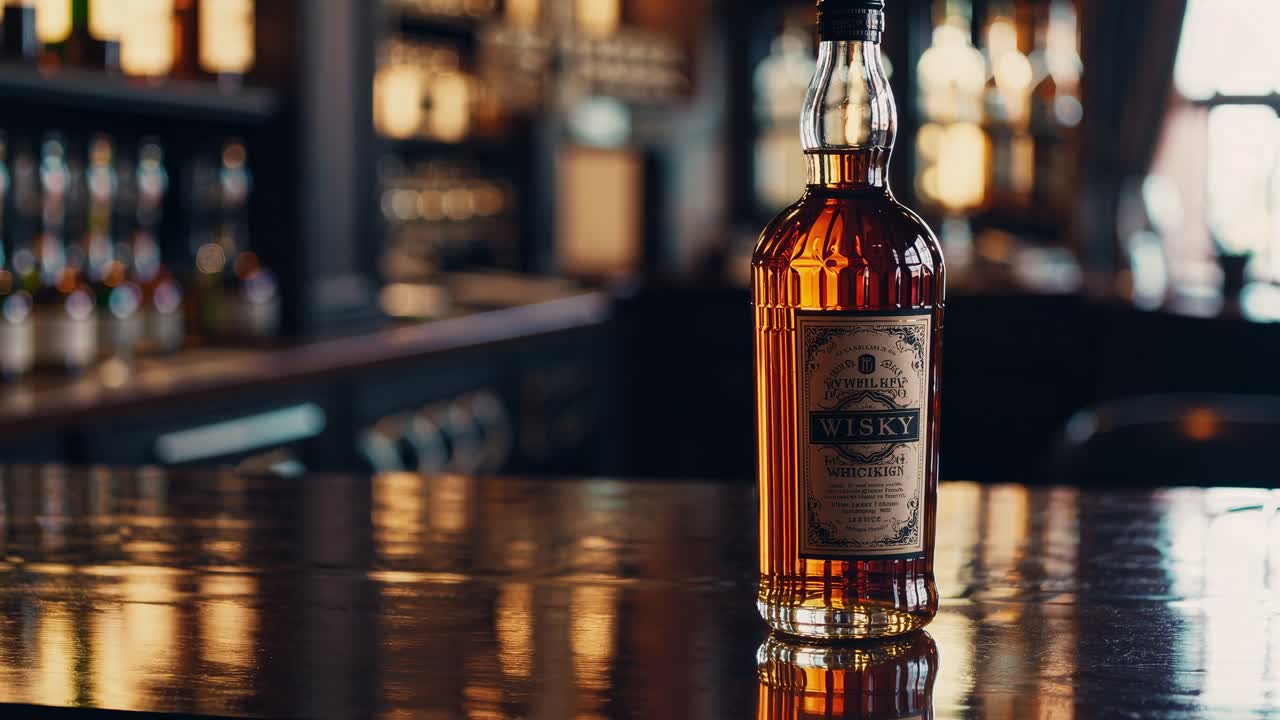 Un primo piano di una bottiglia di whisky su un bancone di legno di un bar, con uno sfondo sfocato, perfetta