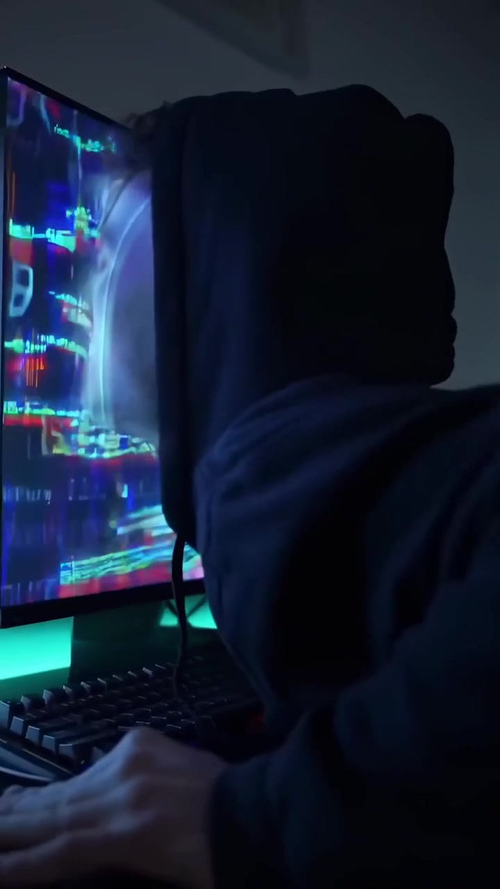 Mand trækkes ind i glitchende computerskærm, digital transformation