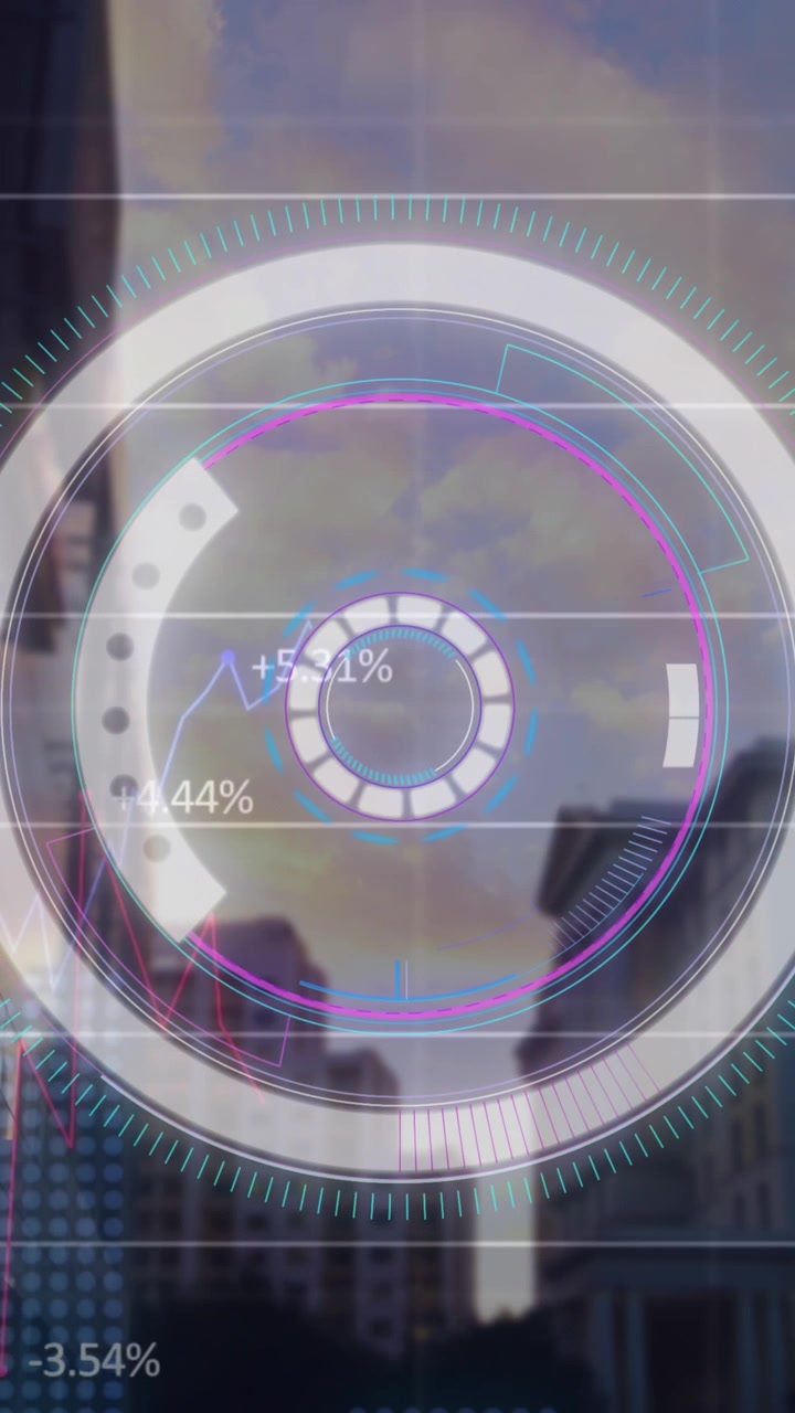 Animation of scope scanning and financial data processing over cityscape