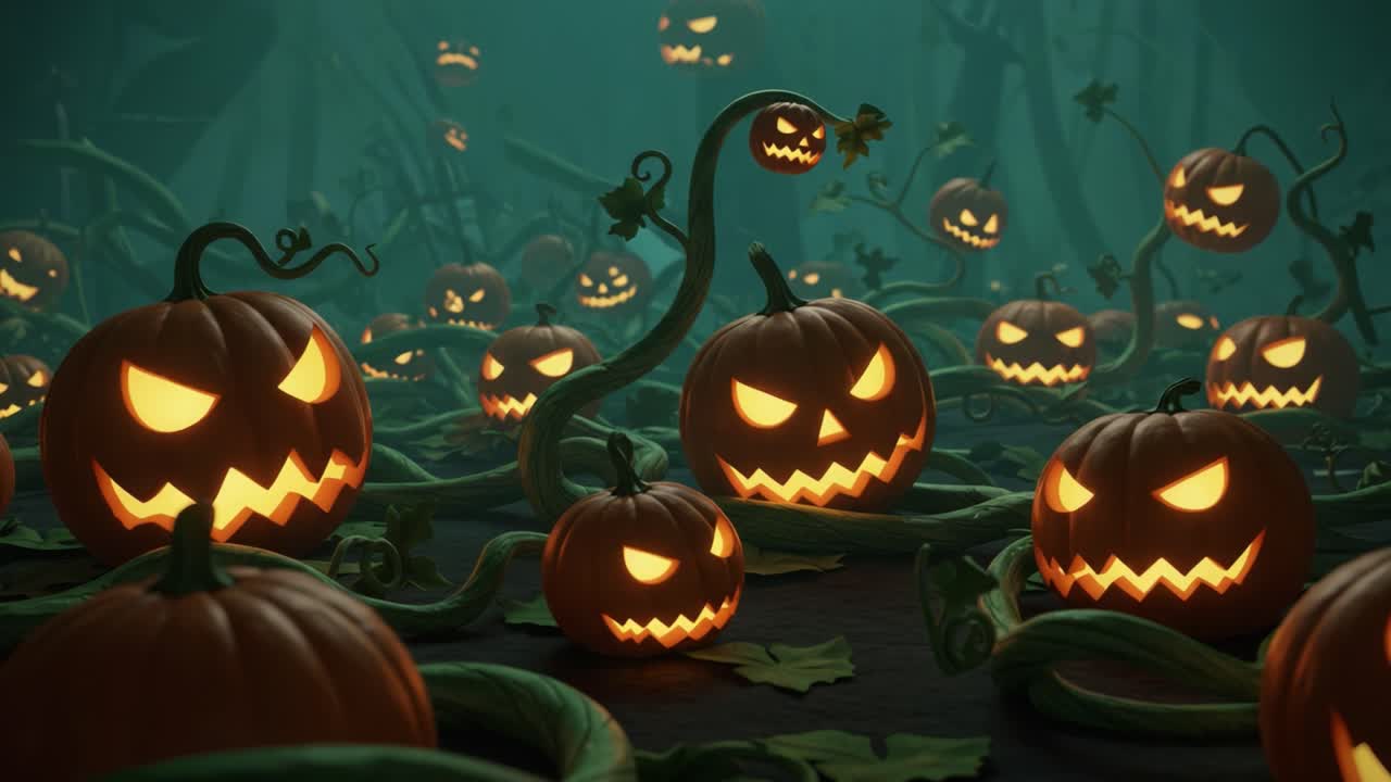 A Spooky Enchantment: A Haunting Halloween Scene Filled with Glowing Jack-o'-Lanterns and Twisting Vines, Evoking the Essence of Autumn Night Mystique