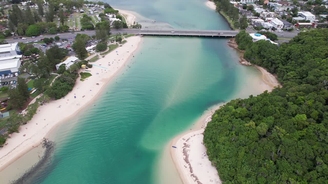 Aerial View Of Tallebudgera Creek Bridge And Sandy Beaches In Burleigh Heads QLD, Australia.