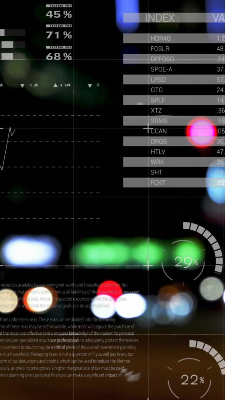 Animazione di elaborazione di statistiche su luci sfocate e paesaggio urbano