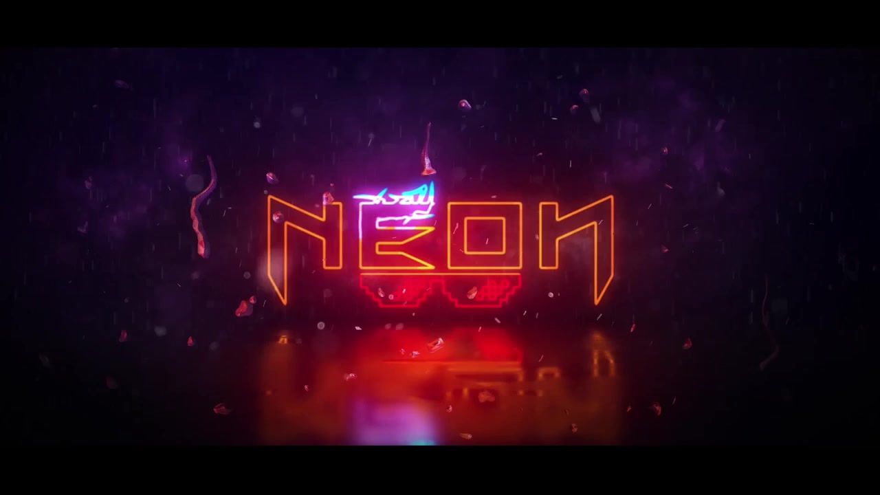 Rivelazione animata del logo al neon con effetti di pioggia e particelle