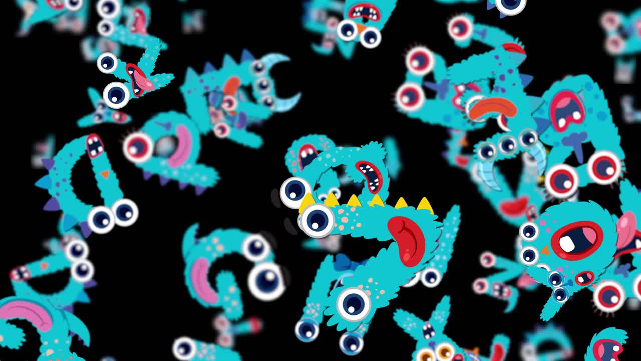 Colorful, fluffy monster letters cascade dynamically against a black backdrop, creating a whimsical and lively visual experience