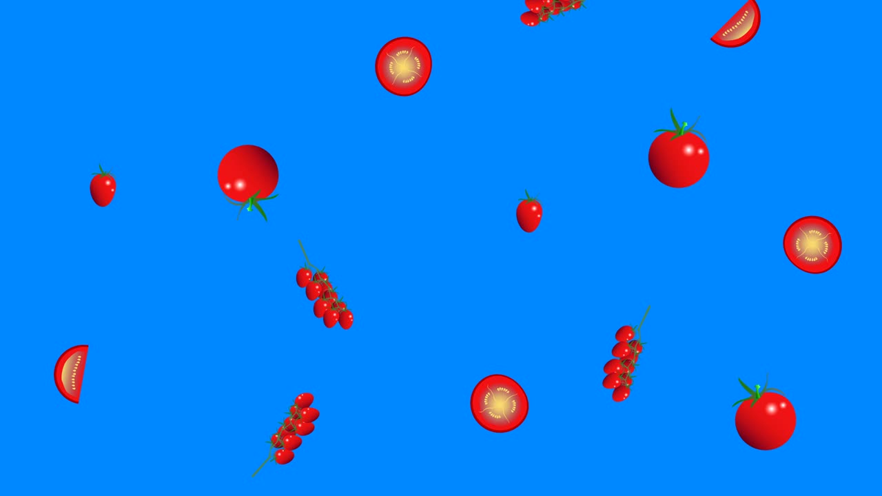 grupo de tomates elementos gráficos animación, bucle sin costuras, pantalla azul clave de croma