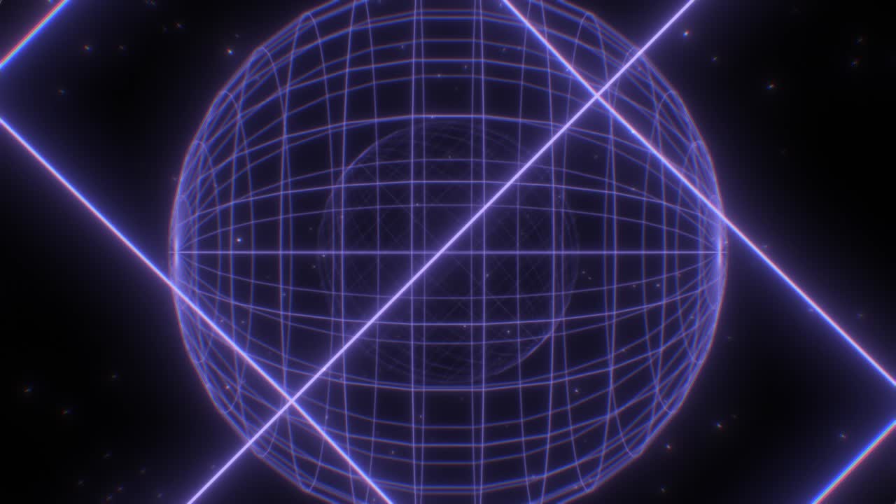 volar en brillo de neón 80s onda sintética marco de alambre red red esferas geométricas - 4k movimiento de bucle sin costuras animación de fondo