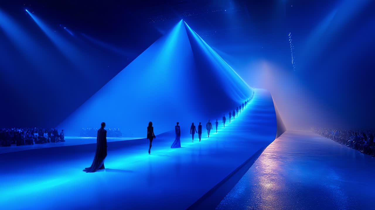 A Stunning Fashion Runway Show Featuring Models Dressed in Elegant Attire, Showcasing an Artistic Display Against a Captivating Blue Illumination and Dramatic Geometric Set Design