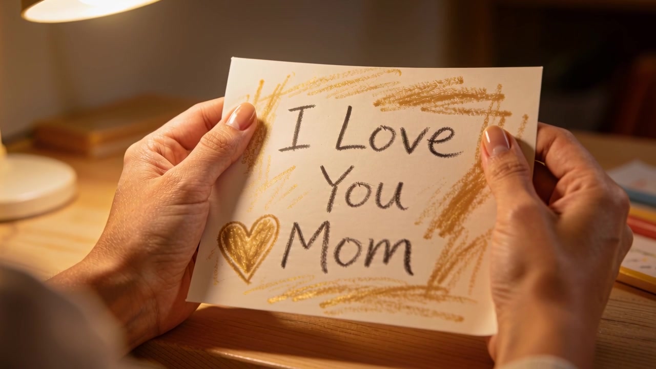 Mani che sistemano e appianano una cartolina 'Ti voglio bene mamma' su una scrivania, mentre una lampada illumina un cuore d'oro.