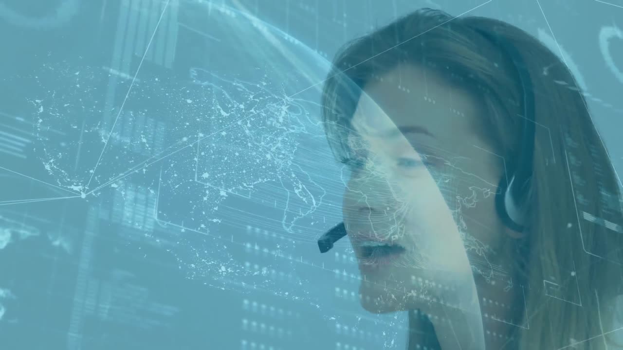 Animazione di donna caucasica con cuffia che usa il computer su mappa mondiale delle connessioni